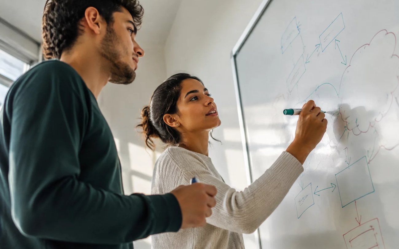 Duas pessoas em pé diante do quadro branco, desenhando a estrutura de um argumento